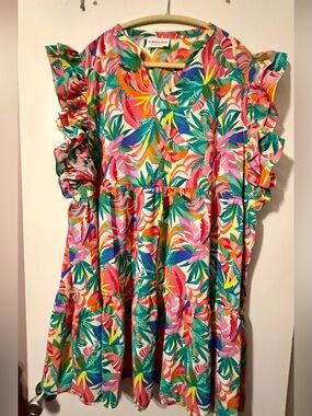 First Love Vibrant Tropical Print Ruffle Dress in Pink, Green, Yellow